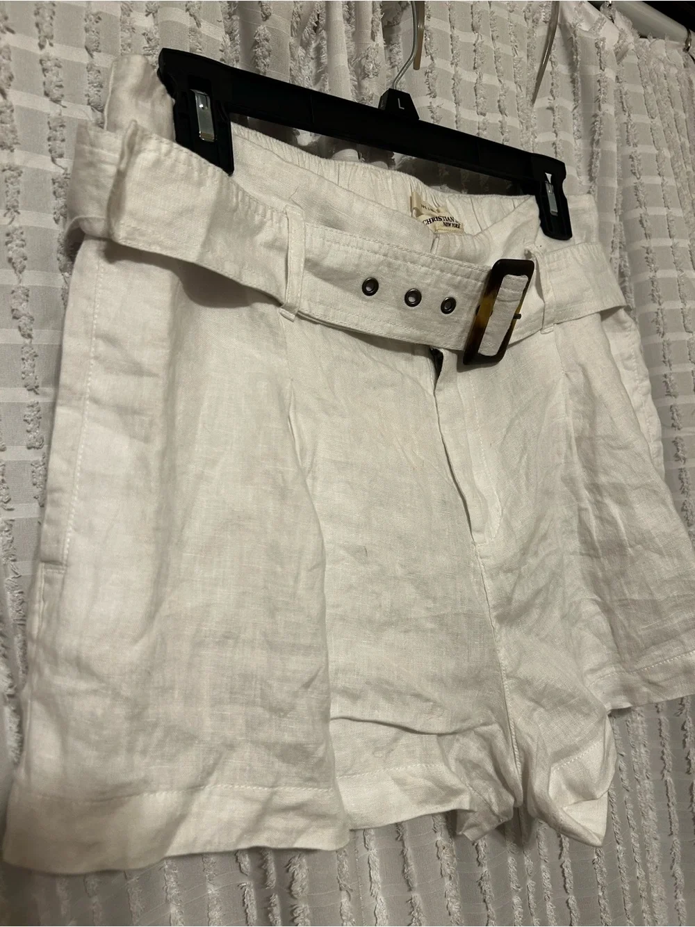 Christian Siriano White High-Waist Linen Belted Shorts